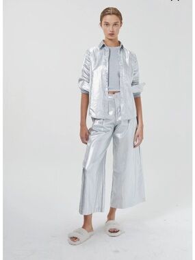 LANHTROPY CULOTTE METALLIC LINEN PANTS SILVER